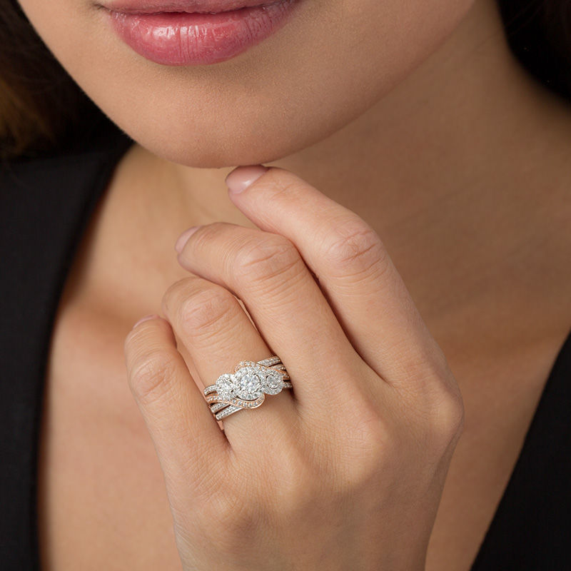 Main Image 3 of 1 CT. T.W. Diamond Past Present Future® Frame Bypass Multi-Row Engagement Ring in 10K Two-Tone Gold