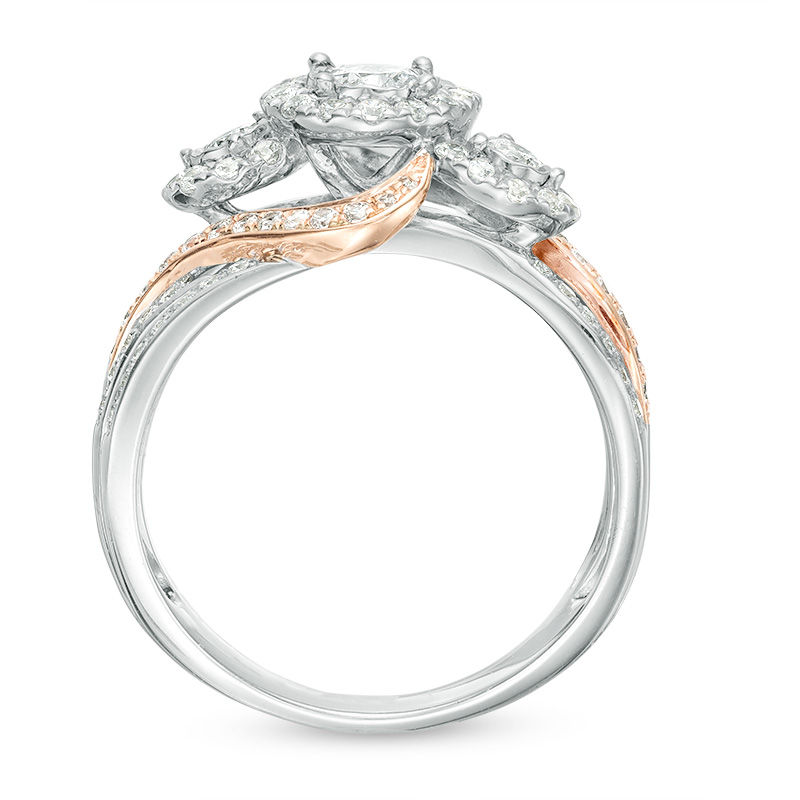Main Image 5 of 1 CT. T.W. Diamond Past Present Future® Frame Bypass Multi-Row Engagement Ring in 10K Two-Tone Gold