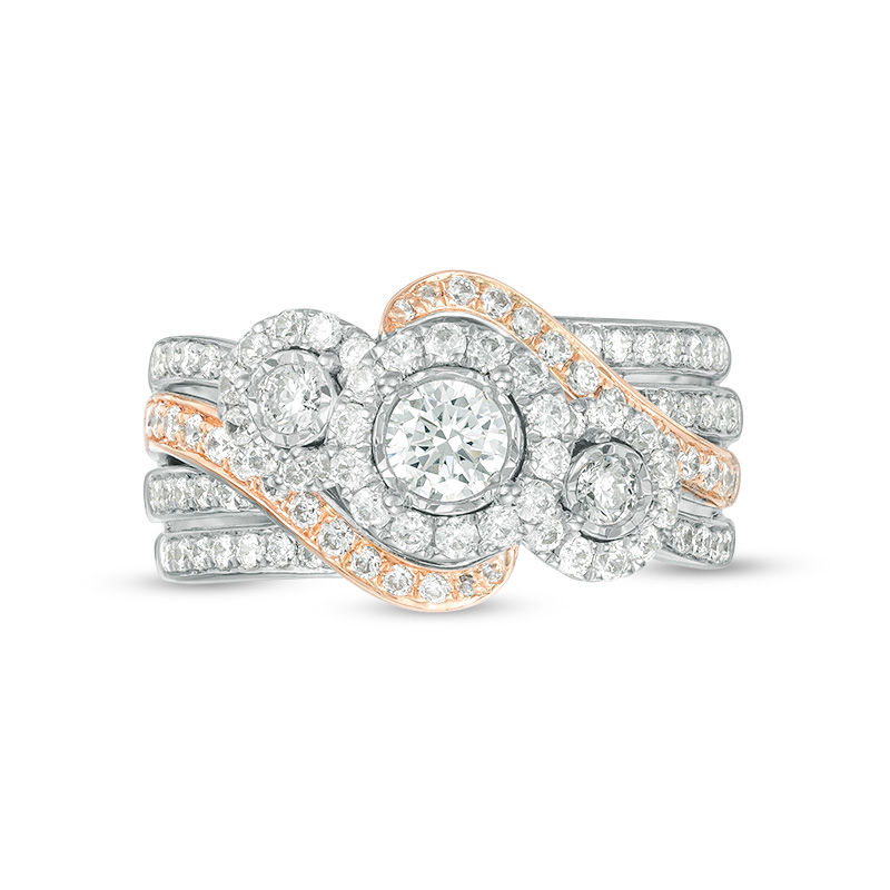 Main Image 6 of 1 CT. T.W. Diamond Past Present Future® Frame Bypass Multi-Row Engagement Ring in 10K Two-Tone Gold