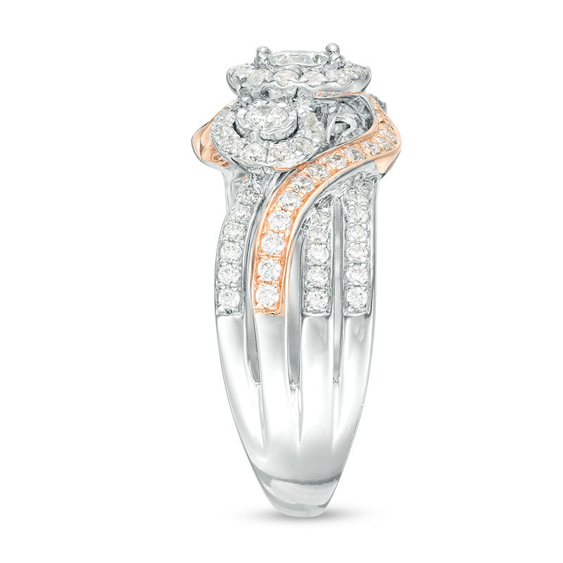 Main Image 7 of 1 CT. T.W. Diamond Past Present Future® Frame Bypass Multi-Row Engagement Ring in 10K Two-Tone Gold
