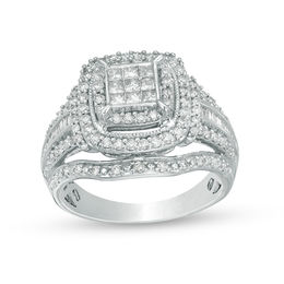 Engagement Rings Wedding Zales 1 Ct T W Princess Cut Composite Diamond Double Frame Multi Row Vintage