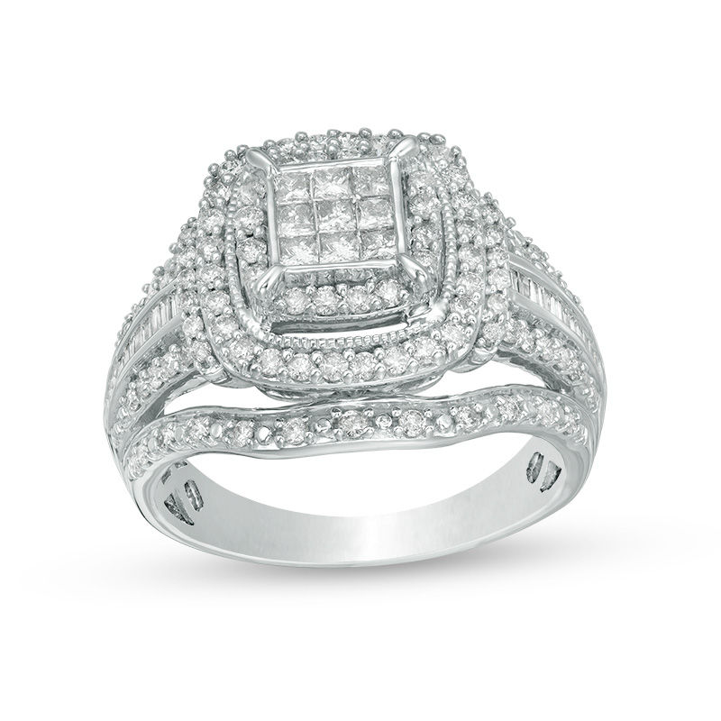 1 CT. T.W. Princess Cut Composite Diamond Double Frame Multi Row Vintage Style Engagement Ring in 10K White Gold Zales