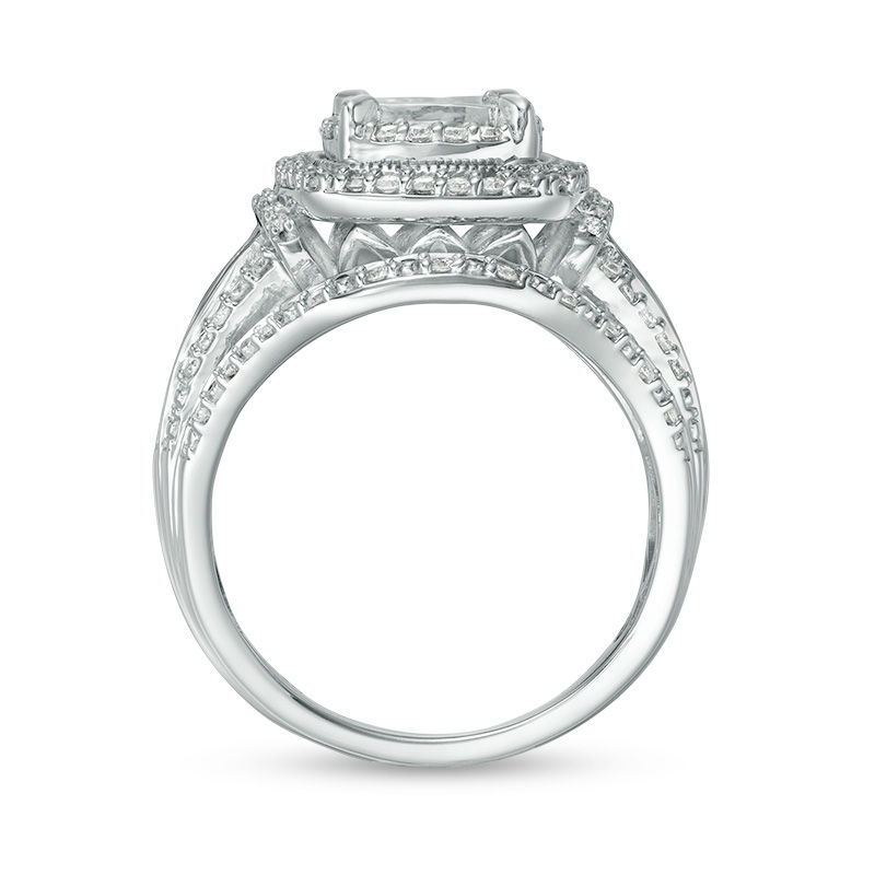 Main Image 5 of 1 CT. T.W. Princess-Cut Composite Diamond Double Frame Multi-Row Vintage-Style Engagement Ring in 10K White Gold