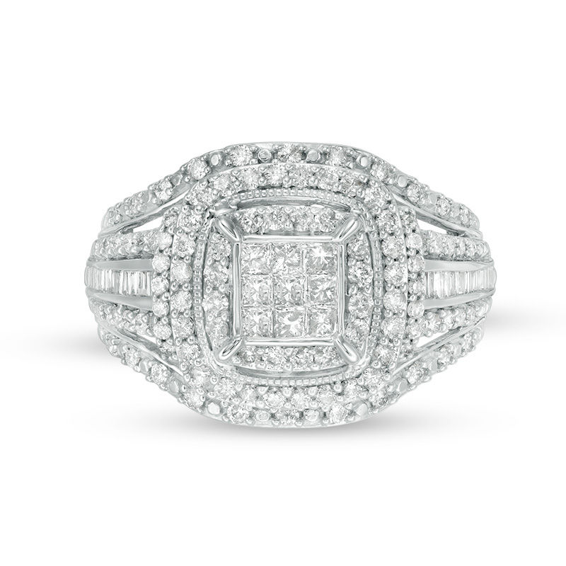 Main Image 6 of 1 CT. T.W. Princess-Cut Composite Diamond Double Frame Multi-Row Vintage-Style Engagement Ring in 10K White Gold