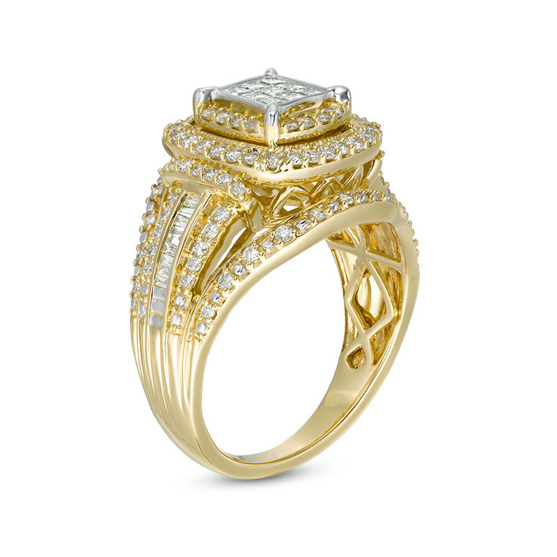 1 CT. T.W. Princess-Cut Composite Diamond Double Frame Multi-Row Vintage-Style Engagement Ring in 10K Gold