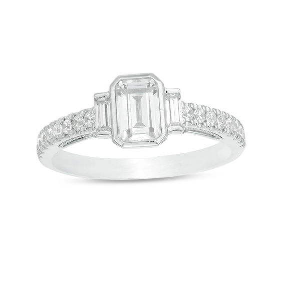 1 CT. T.w. Emerald-Cut Diamond Three Stone Vintage-Style Engagement Ring in 14K White Gold