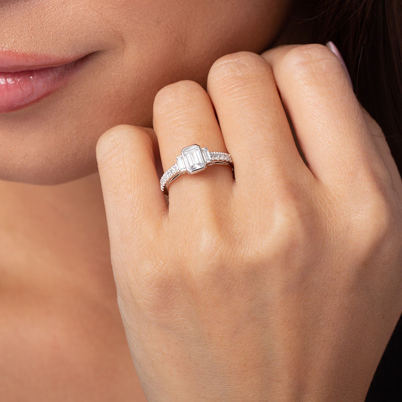 Main Image 2 of 1 CT. T.W. Emerald-Cut Diamond Three Stone Vintage-Style Engagement Ring in 14K White Gold
