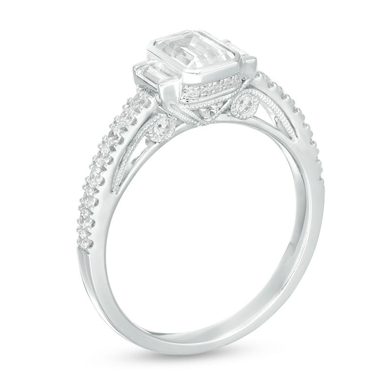 Main Image 3 of 1 CT. T.W. Emerald-Cut Diamond Three Stone Vintage-Style Engagement Ring in 14K White Gold