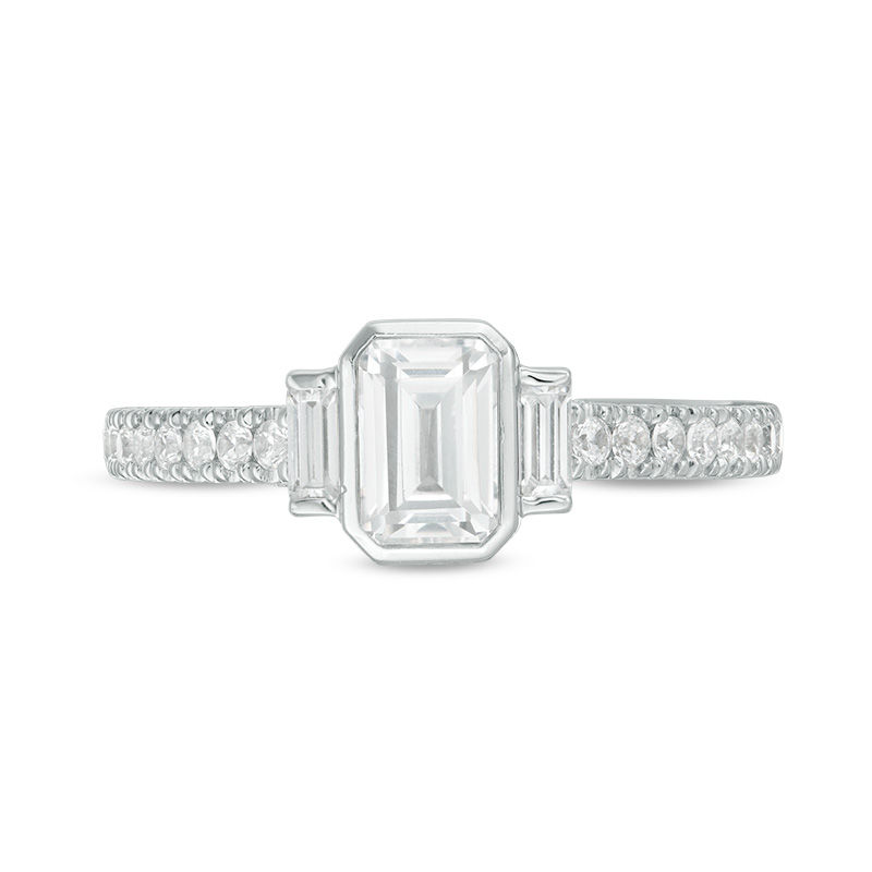 Main Image 4 of 1 CT. T.W. Emerald-Cut Diamond Three Stone Vintage-Style Engagement Ring in 14K White Gold