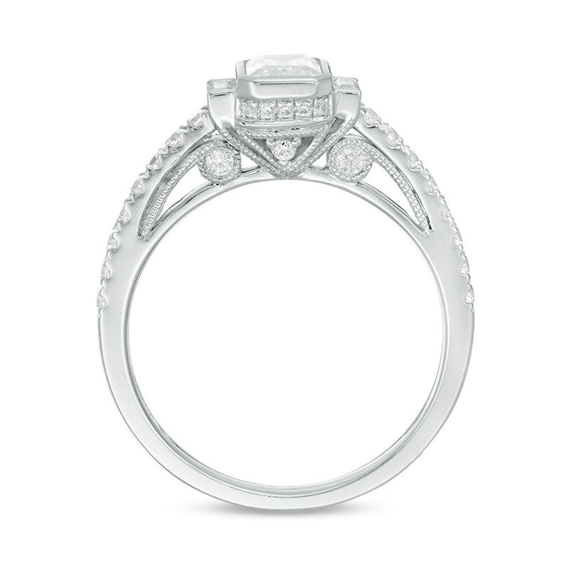 Main Image 5 of 1 CT. T.W. Emerald-Cut Diamond Three Stone Vintage-Style Engagement Ring in 14K White Gold