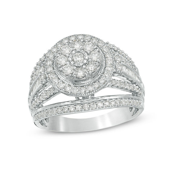 1 CT. T.w. Composite Diamond Double Frame Multi-Row Vintage-Style Engagement Ring in 10K White Gold