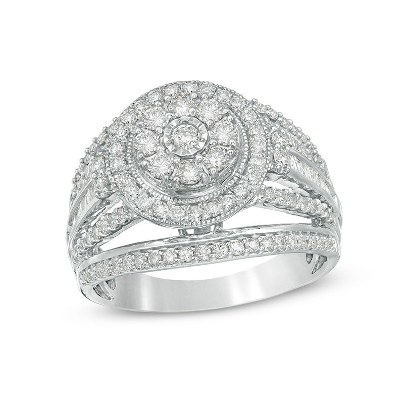 1 CT. T.W. Composite Diamond Double Frame Multi-Row Vintage-Style Engagement Ring in 10K White Gold