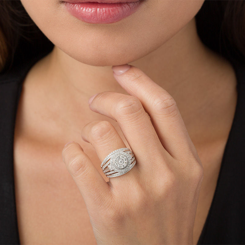 1 CT. T.W. Composite Diamond Double Frame Multi-Row Vintage-Style Engagement Ring in 10K White Gold