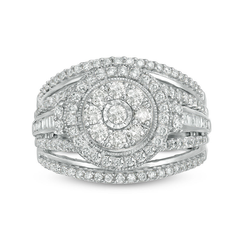 1 CT. T.W. Composite Diamond Double Frame Multi-Row Vintage-Style Engagement Ring in 10K White Gold