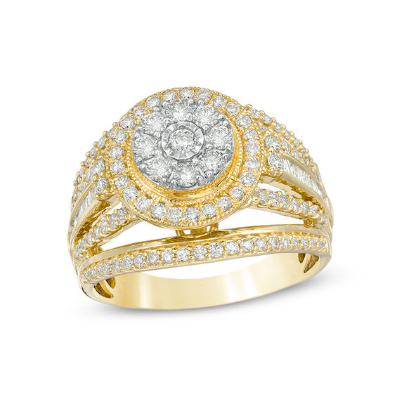 1 CT. T.w. Composite Diamond Double Frame Multi-Row Vintage-Style Engagement Ring in 10K Gold