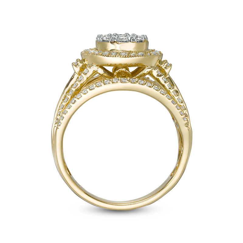 1 CT. T.W. Composite Diamond Double Frame Multi-Row Vintage-Style Engagement Ring in 10K  Gold