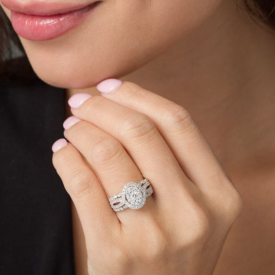 1 CT. T.w. Diamond Oval Frame Bypass Engagement Ring in 14K White Gold