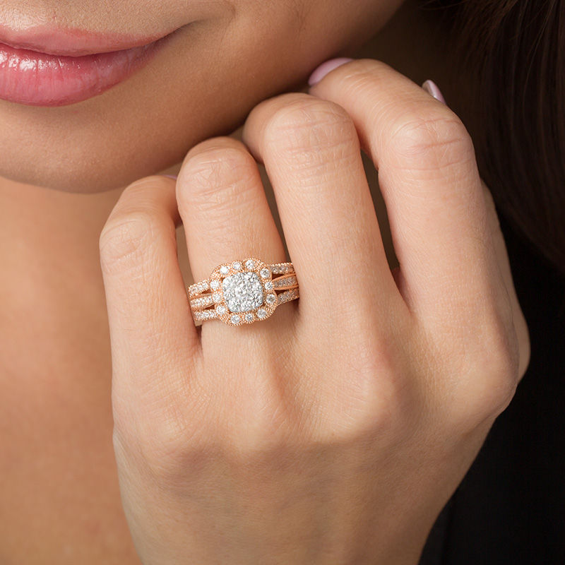 Main Image 2 of 1-1/4 CT. T.W. Diamond Scallop Cushion Frame Multi-Row Vintage-Style Engagement Ring in 14K Rose Gold