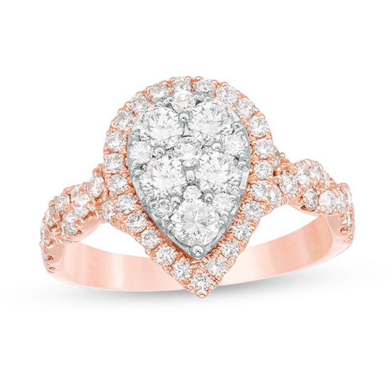Main Image 1 of 1-1/2 CT. T.W. Composite Diamond Pear-Shaped Frame Twist Engagement Ring in 14K Two-Tone Gold
