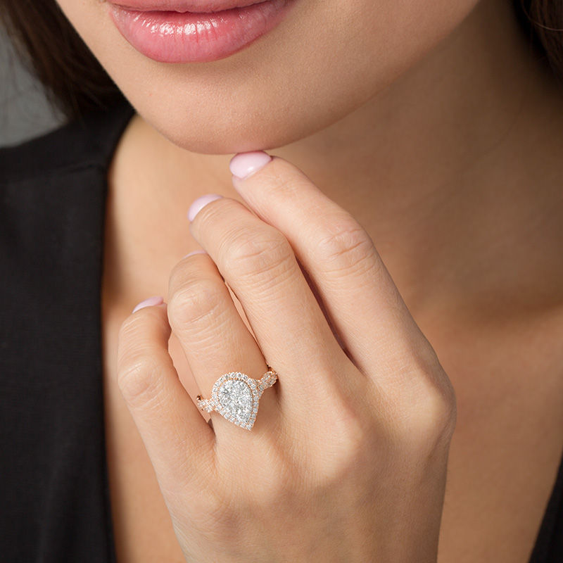 Main Image 2 of 1-1/2 CT. T.W. Composite Diamond Pear-Shaped Frame Twist Engagement Ring in 14K Two-Tone Gold
