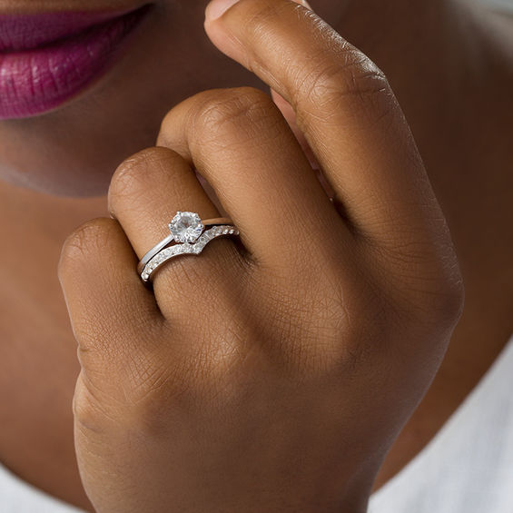 6.0mm Lab-Created White Sapphire Chevron Bridal Set in Sterling Silver