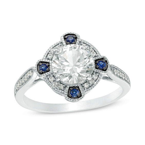 Lab-Created White and Blue Sapphire with 1/8 CT. T.w. Diamond Compass Frame Vintage-Style Ring in Sterling Silver
