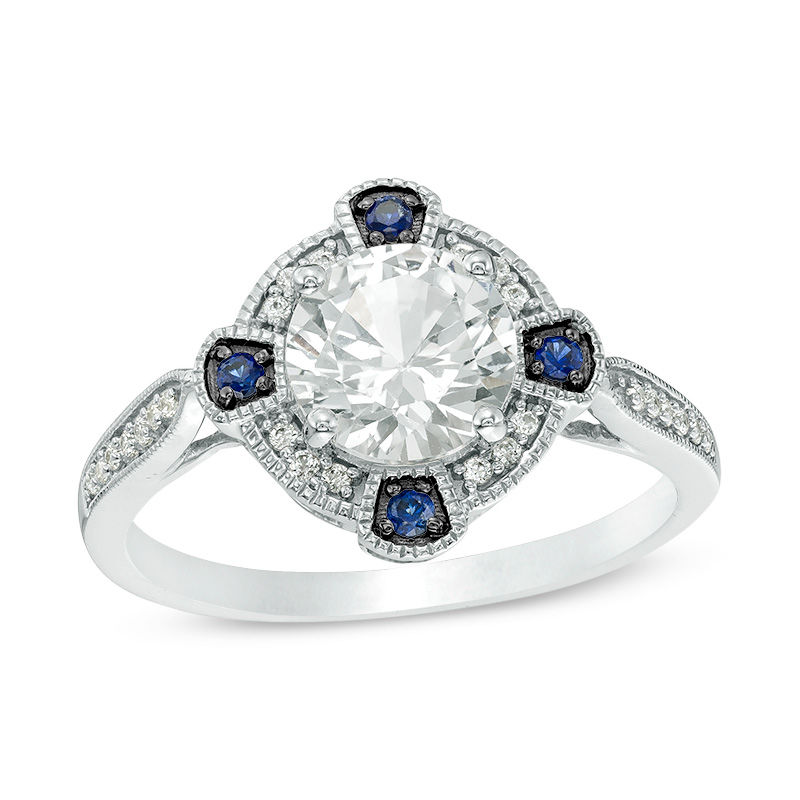 Lab-Created White and Blue Sapphire with 1/8 CT. T.W. Diamond Compass Frame Vintage-Style Ring in Sterling Silver