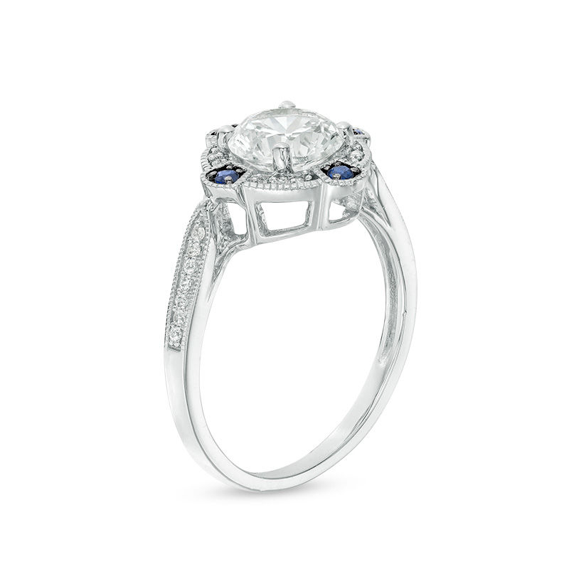 Lab-Created White and Blue Sapphire with 1/8 CT. T.W. Diamond Compass Frame Vintage-Style Ring in Sterling Silver