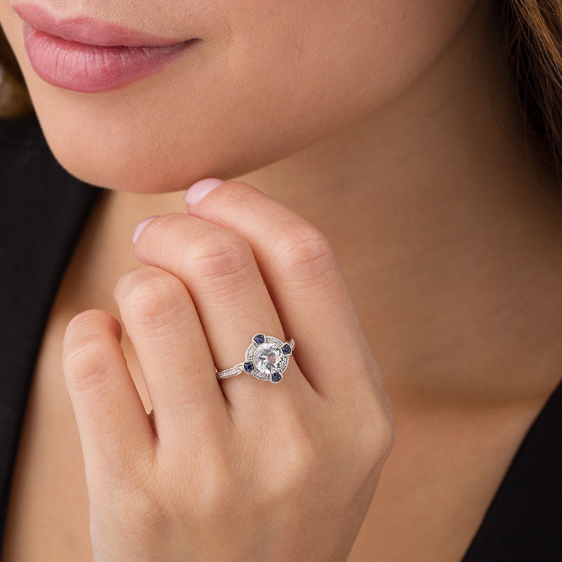 Lab-Created White and Blue Sapphire with 1/8 CT. T.W. Diamond Compass Frame Vintage-Style Ring in Sterling Silver