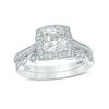 Thumbnail Image 1 of Cushion-Cut Lab-Created White Sapphire and 1/4 CT. T.W. Diamond Petal Frame Vintage-Style Bridal Set in Sterling Silver