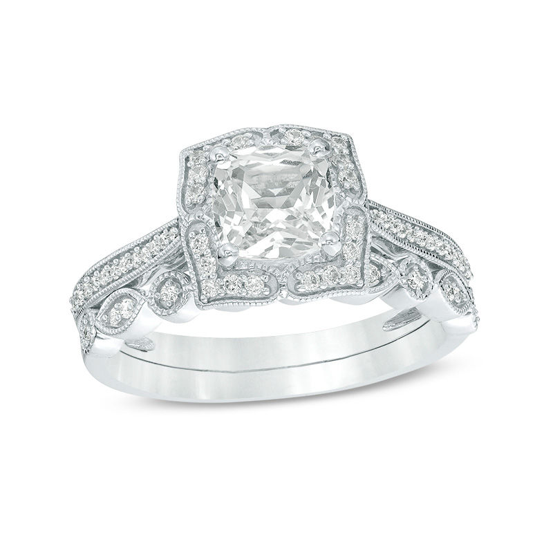 Cushion-Cut Lab-Created White Sapphire and 1/4 CT. T.W. Diamond Petal Frame Vintage-Style Bridal Set in Sterling Silver