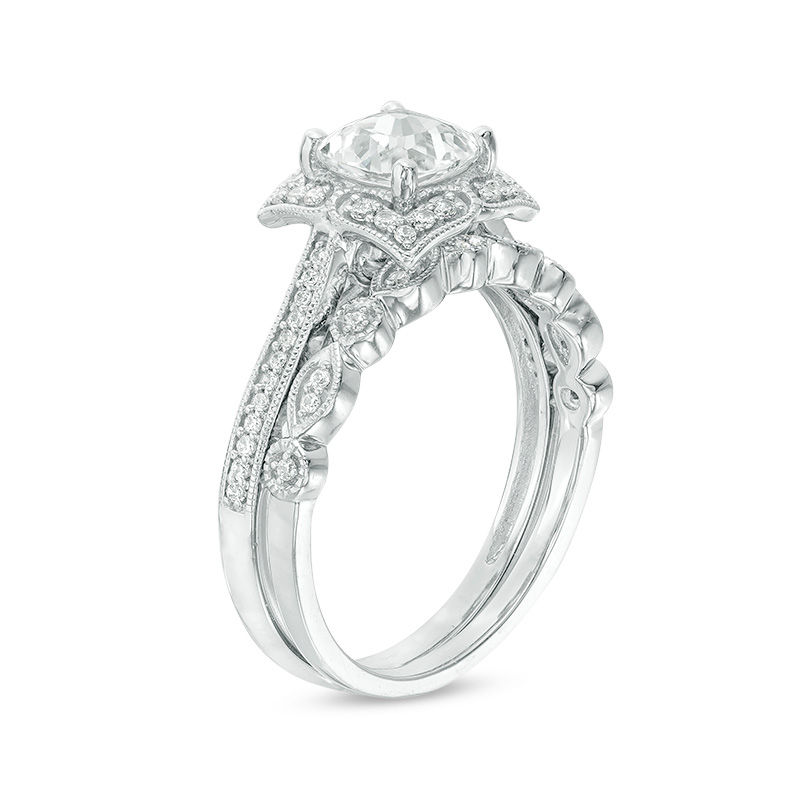 Main Image 2 of Cushion-Cut Lab-Created White Sapphire and 1/4 CT. T.W. Diamond Petal Frame Vintage-Style Bridal Set in Sterling Silver