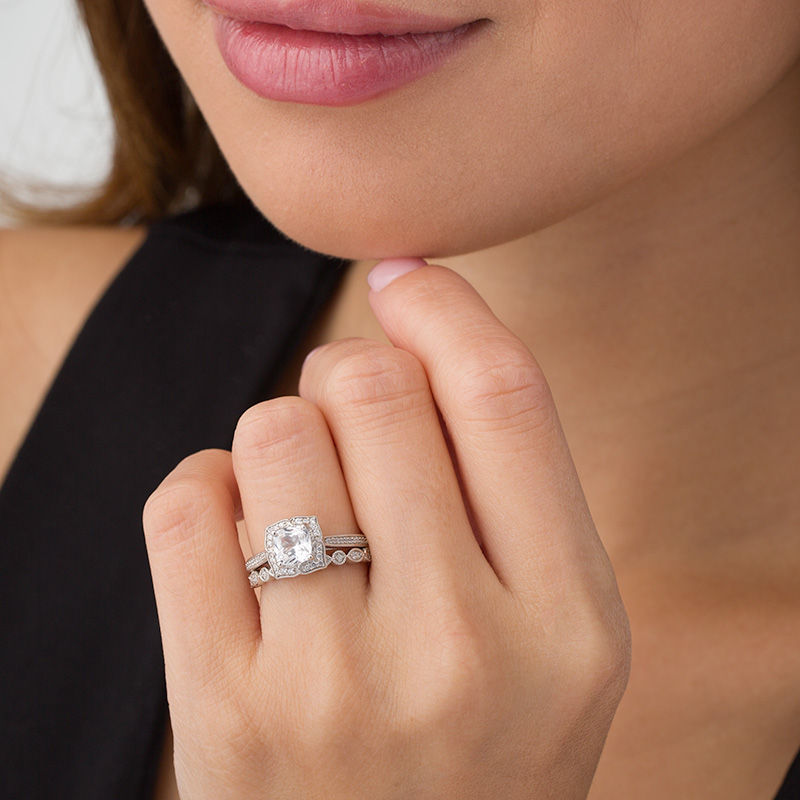 Cushion-Cut Lab-Created White Sapphire and 1/4 CT. T.W. Diamond Petal Frame Vintage-Style Bridal Set in Sterling Silver