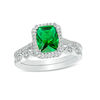 Thumbnail Image 1 of Cushion-Cut Lab-Created Emerald and 1/5 CT. T.W. Diamond Octagon Frame Vintage-Style Bridal Set in Sterling Silver
