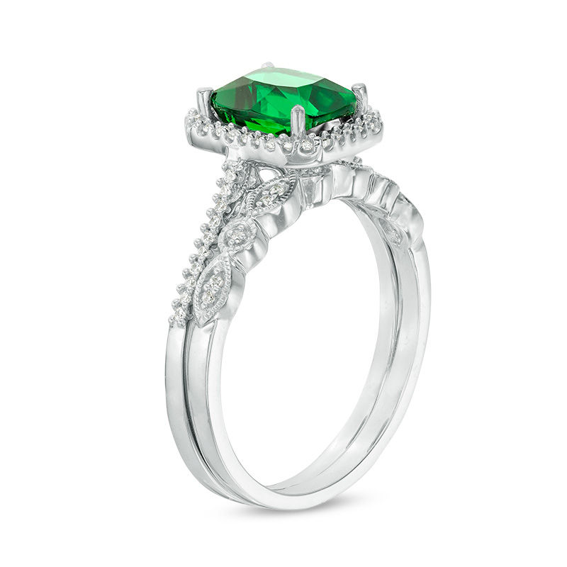 Cushion-Cut Lab-Created Emerald and 1/5 CT. T.W. Diamond Octagon Frame Vintage-Style Bridal Set in Sterling Silver