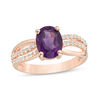 Thumbnail Image 0 of Oval Amethyst and White Topaz Double Row Crossover Split Shank Ring in Sterling Silver with 18K Rose Gold Plate