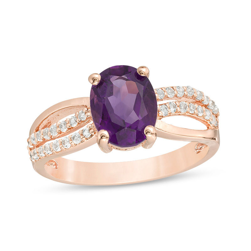 Oval Amethyst and White Topaz Double Row Crossover Split Shank Ring in ...