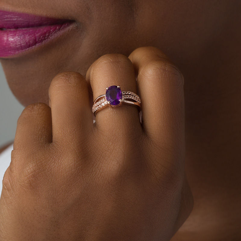 Oval Amethyst and White Topaz Double Row Crossover Split Shank Ring in Sterling Silver with 18K Rose Gold Plate