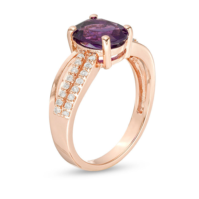 Oval Amethyst and White Topaz Double Row Crossover Split Shank Ring in Sterling Silver with 18K Rose Gold Plate