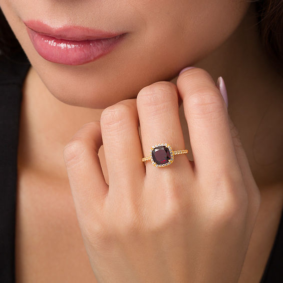 8.0mm Cushion-Cut Garnet and White Topaz Frame Ring in Sterling Silver with 18K Gold Plate
