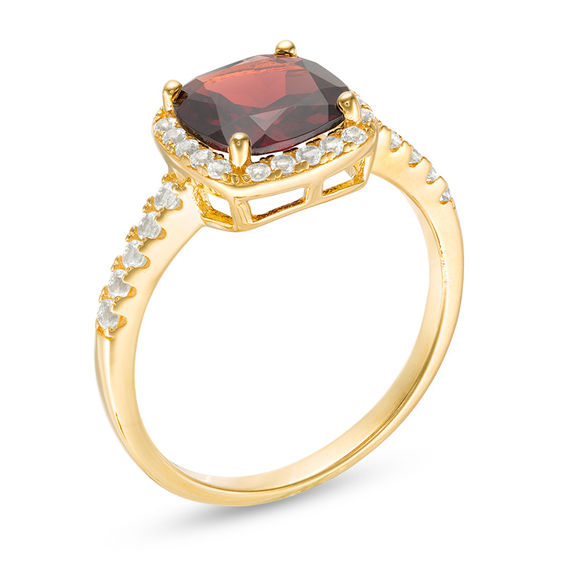 8.0mm Cushion-Cut Garnet and White Topaz Frame Ring in Sterling Silver with 18K Gold Plate