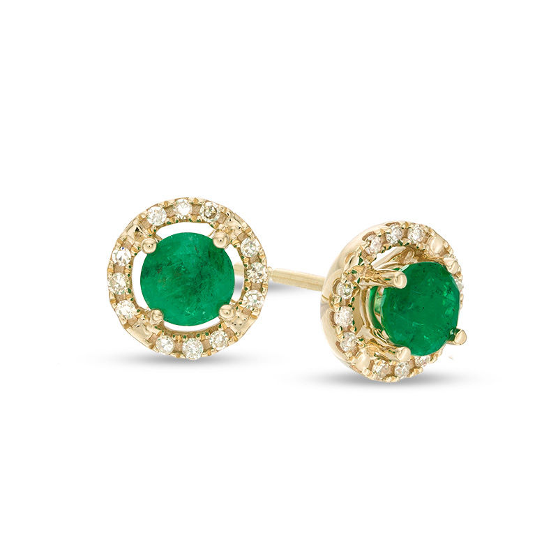 Main Image 1 of 5.0mm Emerald and 1/8 CT. T.W. Diamond Frame Stud Earrings in 10K Gold