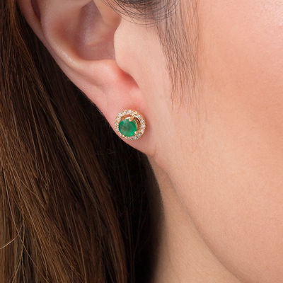 5.0mm Emerald and 1/8 CT. T.W. Diamond Frame Stud Earrings