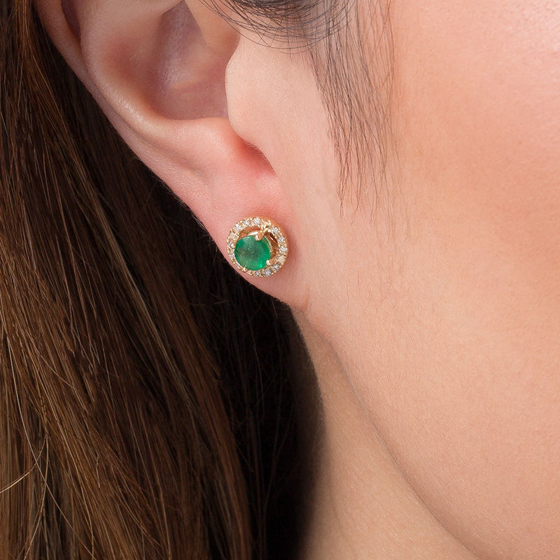Main Image 2 of 5.0mm Emerald and 1/8 CT. T.W. Diamond Frame Stud Earrings in 10K Gold