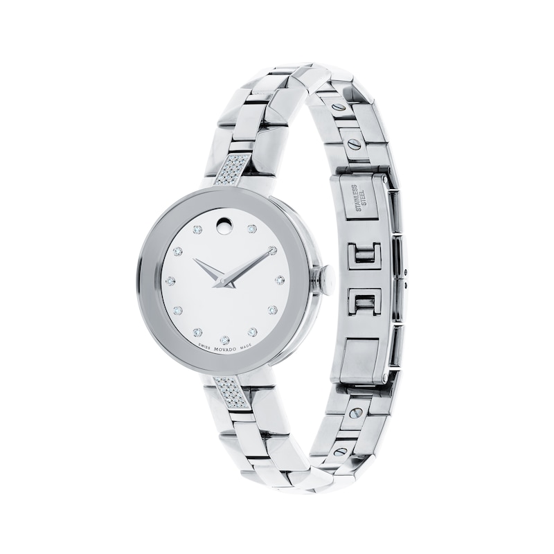Main Image 3 of Ladies' Movado Sapphire™ 1/5 CT. T.W. Diamond Watch with Silver-Tone Dial (Model: 0607193)