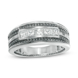 1 CT. T.W. Square-Cut Diamond Five Stone Wedding Band in 14K White Gold with Black Rhodium