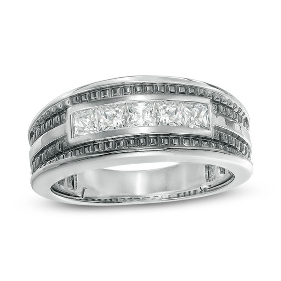 1 CT. T.w. Square-Cut Diamond Five Stone Wedding Band in 14K White Gold with Black Rhodium