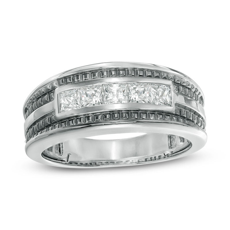 Main Image 1 of Men's 1 CT. T.W. Square-Cut Diamond Five Stone Wedding Band in 14K White Gold with Black Rhodium
