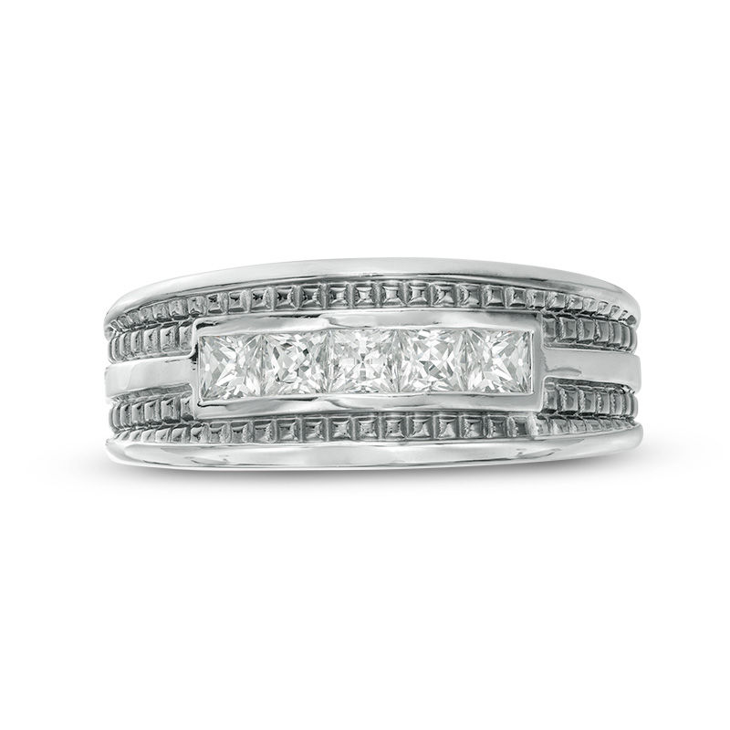 Main Image 3 of Men's 1 CT. T.W. Square-Cut Diamond Five Stone Wedding Band in 14K White Gold with Black Rhodium