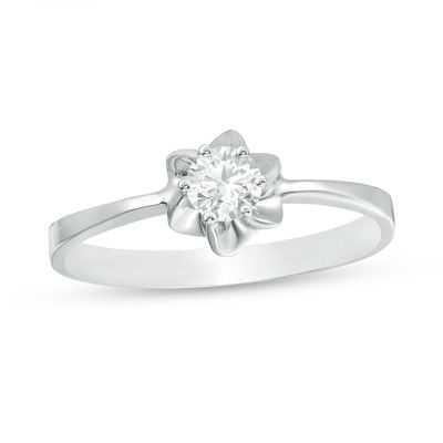 Stainless Steel Prong-Set Flower Solitaire Engagement Ring with Clear CZ 